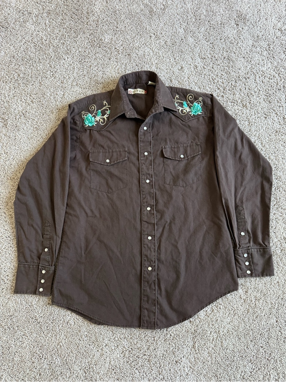 Roper Brown Floral Embroidered Western Long Sleeve Pearl Snap Shirt Medium